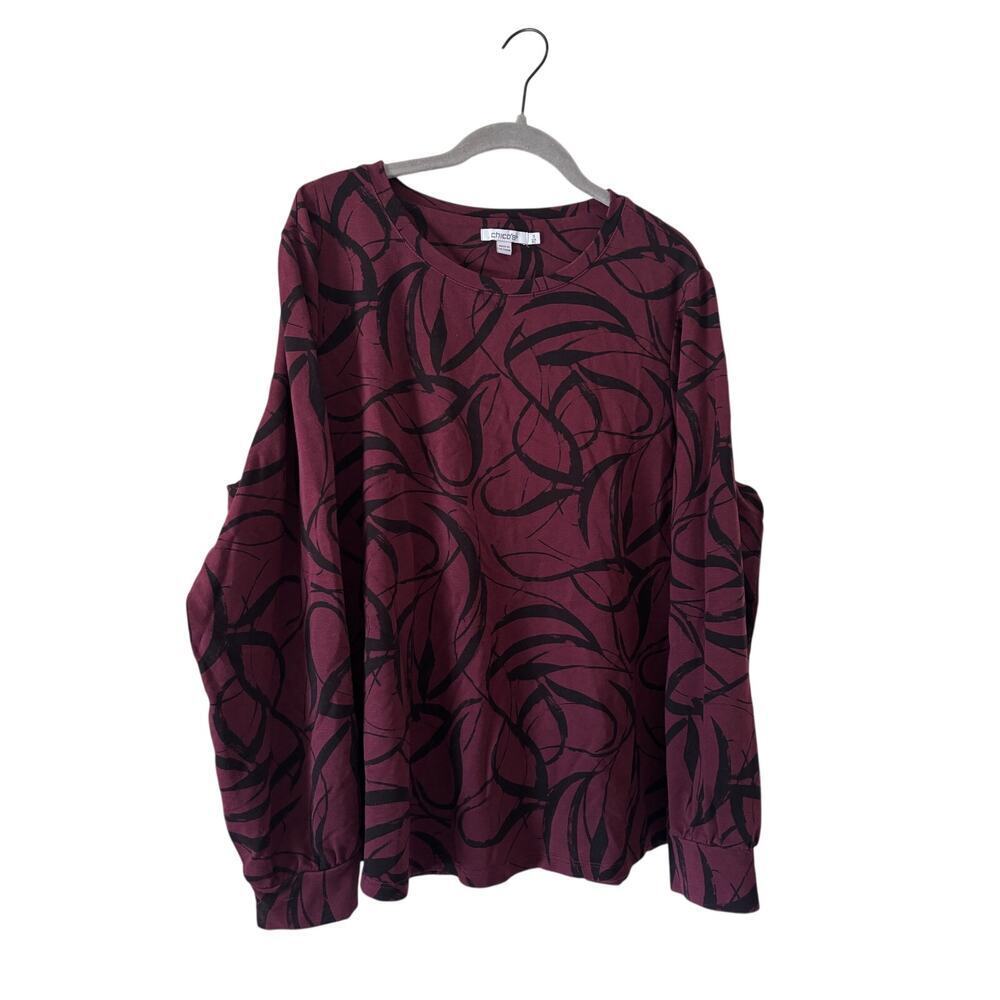 Chico’s Size 3 XL Burgundy Black Abstract Print Long Sleeve Knit Top Stretch - Picture 3 of 10